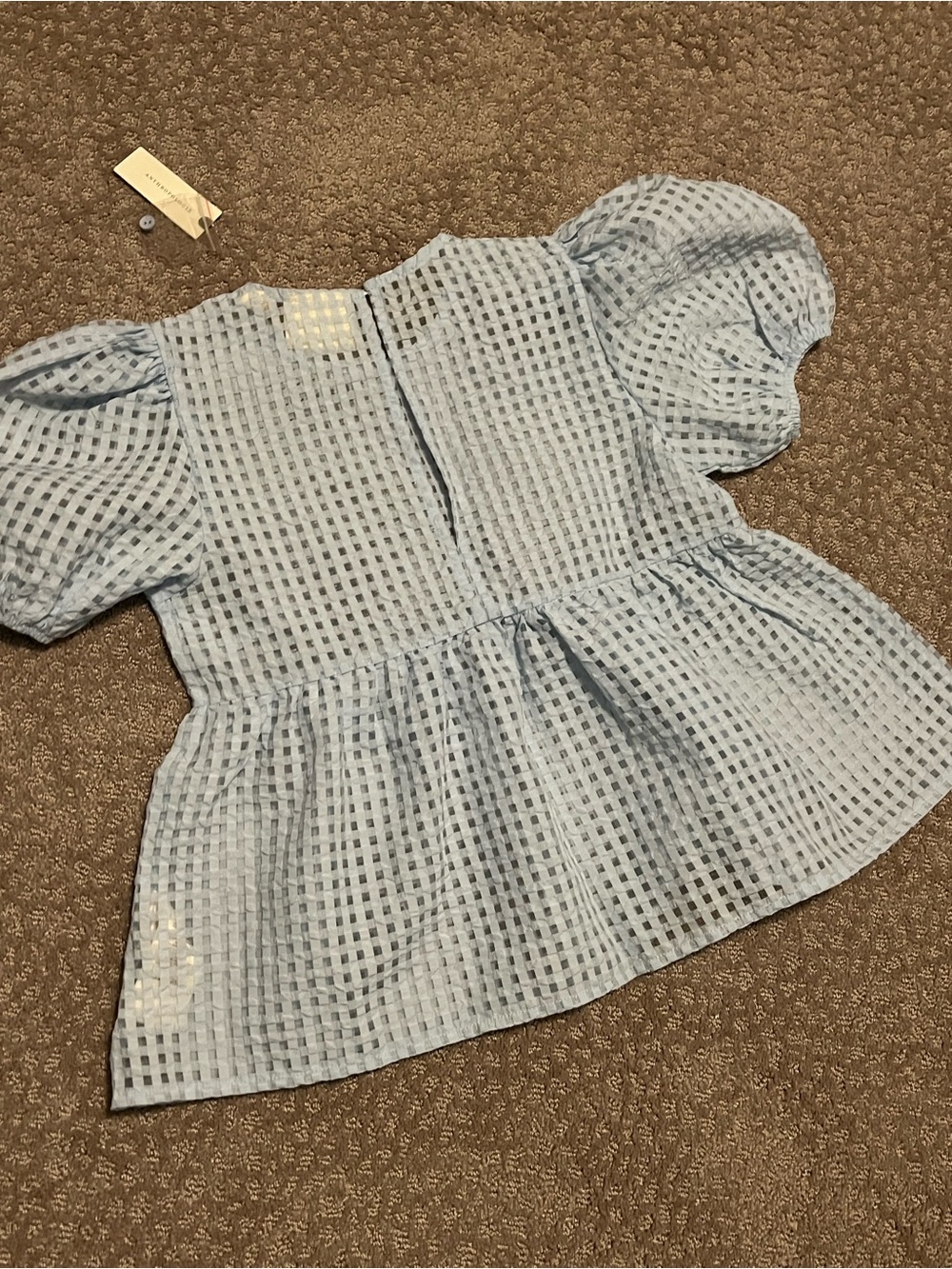 Anthropologie Maeve light blue sheer puff sleeve baby doll top - Picture 7 of 7